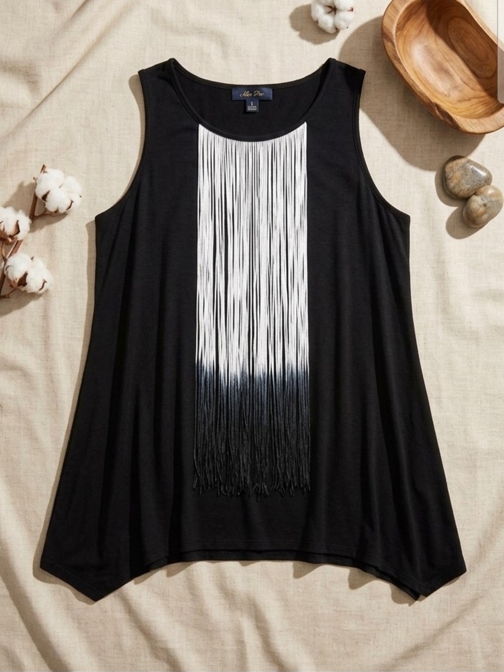 Melissa Paige Black Tank Top with White-to-Black Fringe